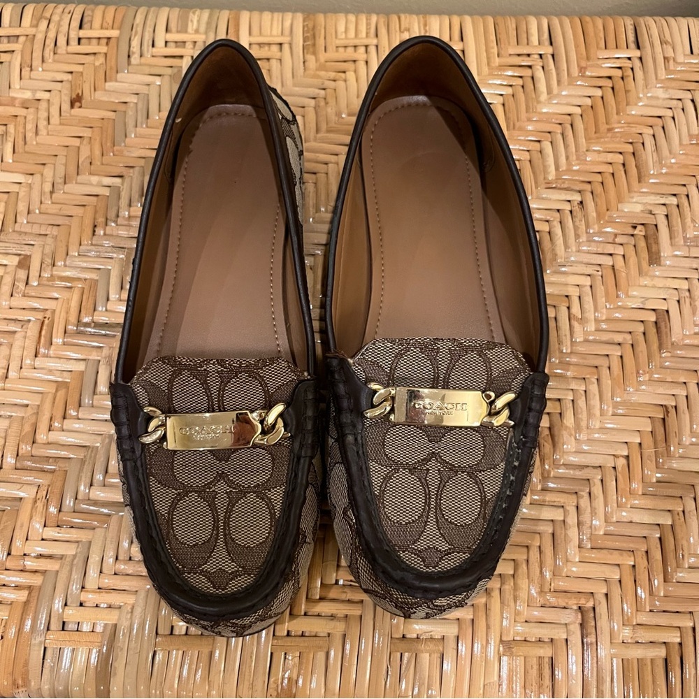 Coach Logo Brown Flat Loafers Gold Details Size 38